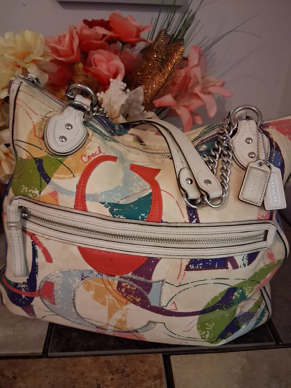 Coach Multicolor Canvas Shoulder Bag with White Leather Trim